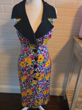 Donald Campbell Vintage Floral Button-Front Dress with Black Collar